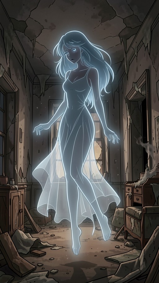 A glowing, translucent female ghost with long hair and a flowing dress floats barefoot in the center of a dilapidated room filled with debris and cracked walls.