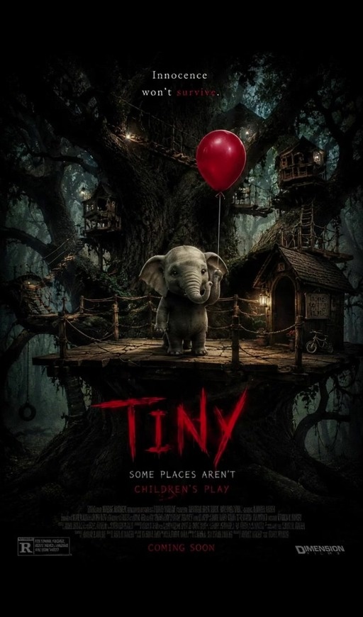 A small grey elephant holding a red balloon stands before a dark, spooky treehouse with the title 'Tiny' in bloody letters.