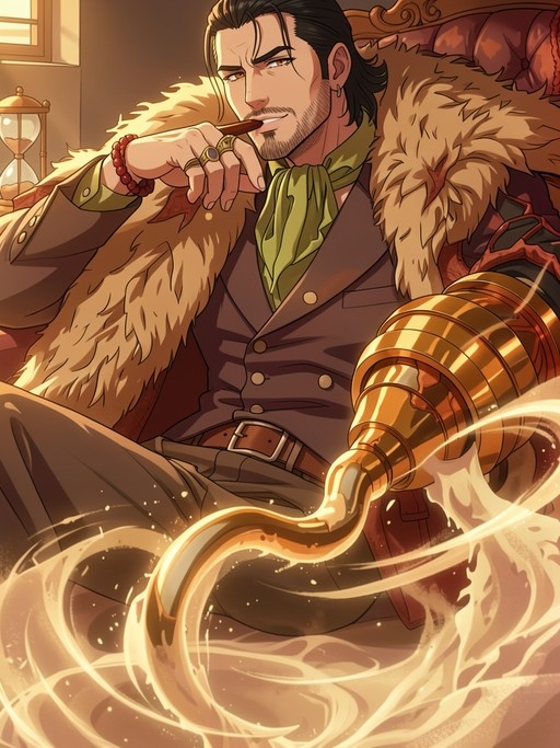 Crocodile from One Piece smoking a cigar, wearing a fur-lined coat and displaying his large golden hook.