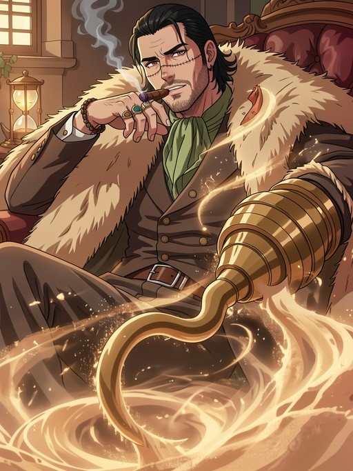 Crocodile from One Piece sitting in a chair smoking a cigar with swirling sand around his golden hook hand.