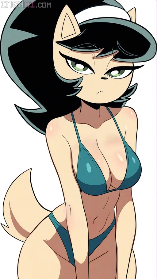 A digital illustration of the animated character Kitty Katswell from T.U.F.F. Puppy depicted as a furry cat-girl wearing a teal bikini and white visor with an annoyed expression.