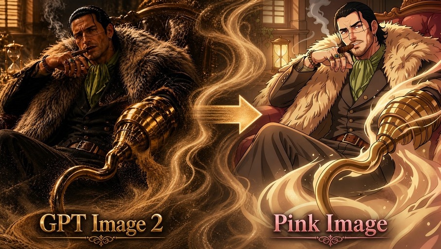 Crocodile from One Piece smoking a cigar with his golden hook, transitioning from a realistic style to an anime illustration.