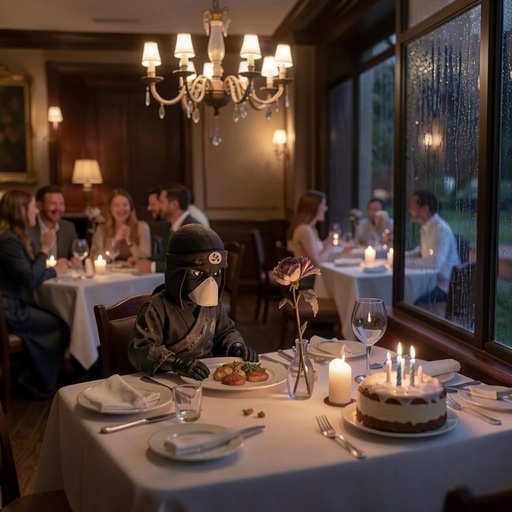 A bird character wearing a black helmet sits at a candlelit table with a birthday cake in a restaurant while it rains outside.