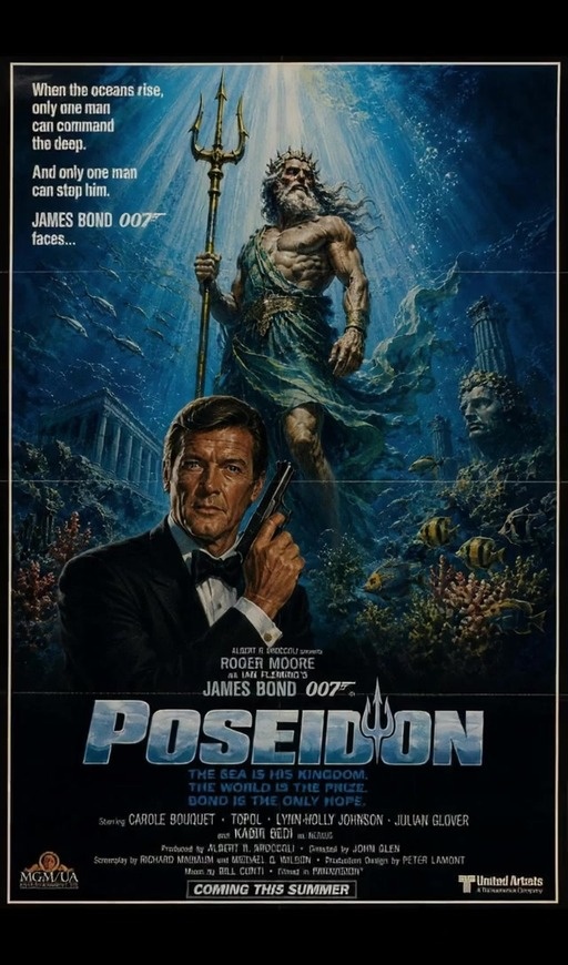 A video montage featuring a James Bond 007 movie poster concept with Roger Moore and Poseidon, followed by George Lazenby and underwater scenes.