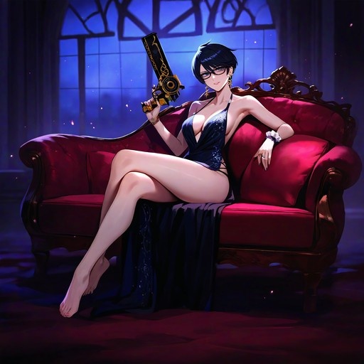 Bayonetta sitting on a red couch holding an ornate gun