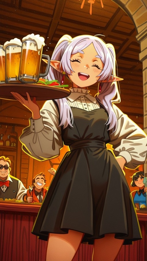 Frieren from Frieren: Beyond Journey's End smiles while carrying a tray with two large beer mugs and food in a warm, wooden tavern.