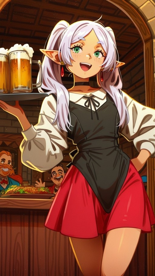 Frieren holding a tray of beer mugs in a tavern.