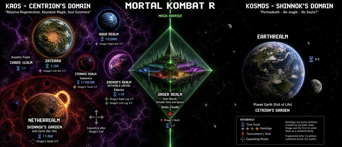 A digital diagram showing the Mortal Kombat R multiverse with Earthrealm on the right and a central pyramid structure labeled Order Realm.