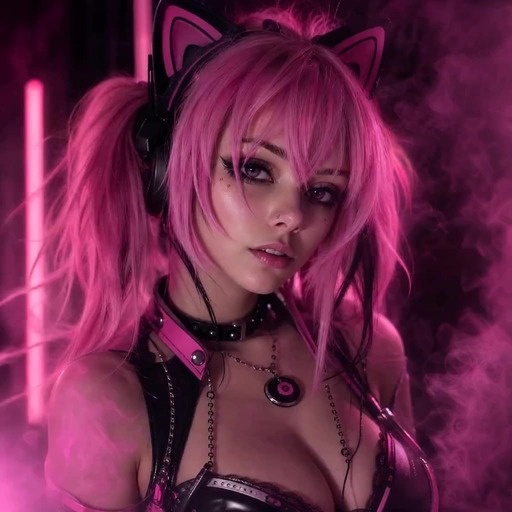 A woman with pink pigtails and cat-ear headphones sings to the camera while surrounded by rising pink smoke and neon lights.