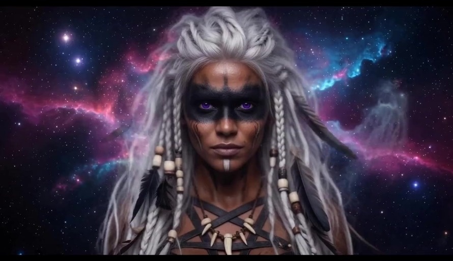 A close-up of a dark-skinned tribal woman with white braided hair and black face paint singing against a colorful galaxy background.