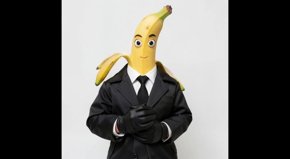 An anthropomorphic banana wearing a black suit and gloves sings into a microphone on a stage with purple neon lights and screens showing banana emojis.