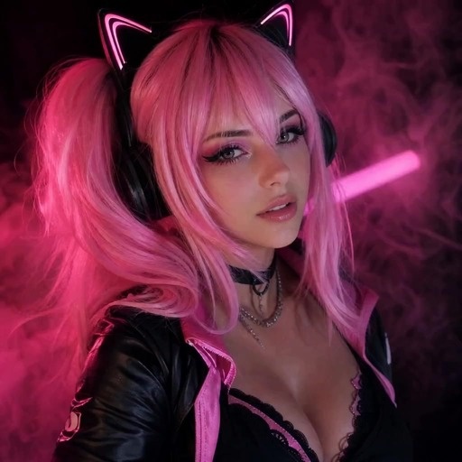 A woman with long pink pigtails and glowing cat-ear headphones looks at the camera while wearing a black jacket and choker against a dark background with pink smoke.