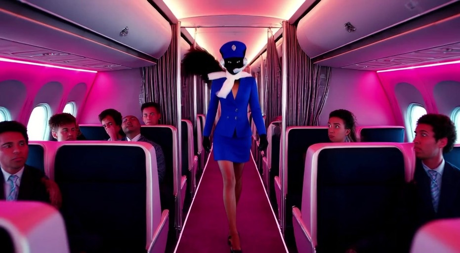 A figure with a black cat head wearing a blue flight attendant uniform walks down an airplane aisle with pink ambient lighting.