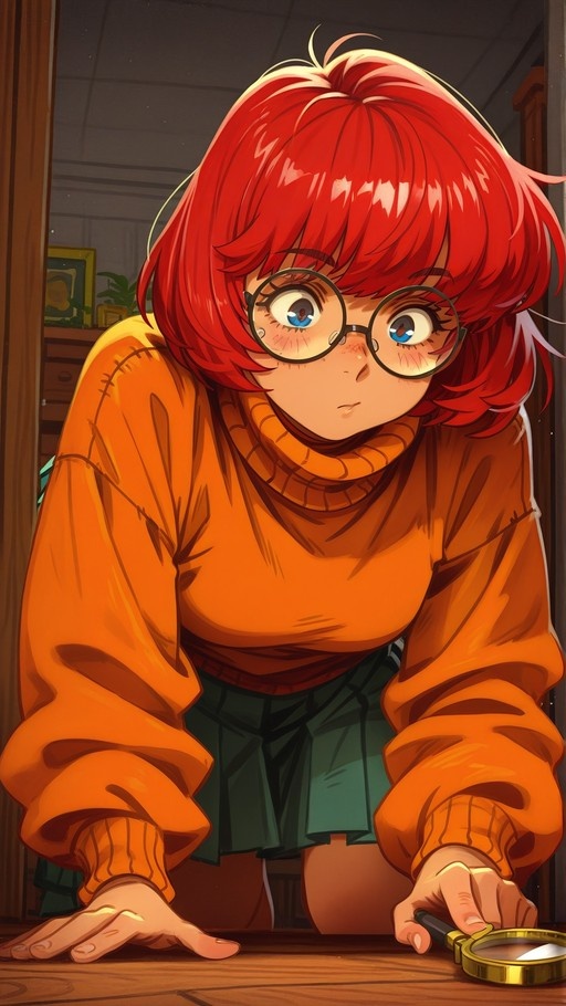 A red-haired anime girl with round glasses and an orange sweater holds a magnifying glass while looking up from a wooden surface.