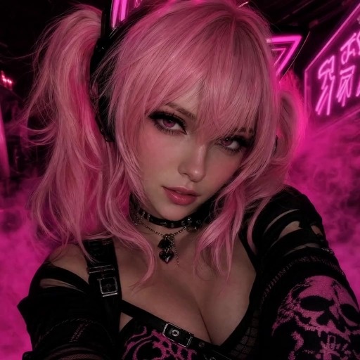A close-up video of a woman with long pink pigtails and cat-ear headphones speaking to the camera against a vibrant pink neon background.