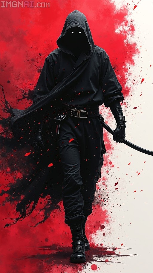 A hooded cyber-ninja in black clothing holding a curved sword, walking against a red and white ink splatter background with glowing eyes visible under the hood.