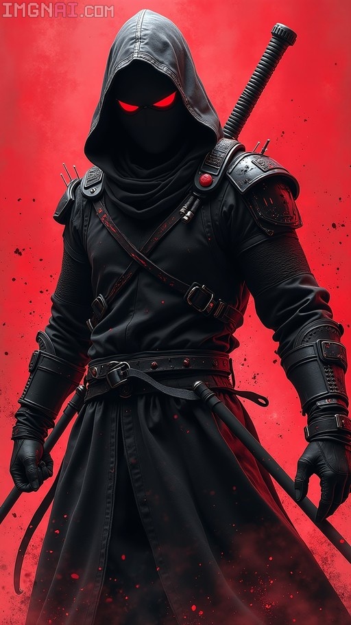 A cyber-ninja in black hooded armor with glowing red eyes holding two swords against a red background