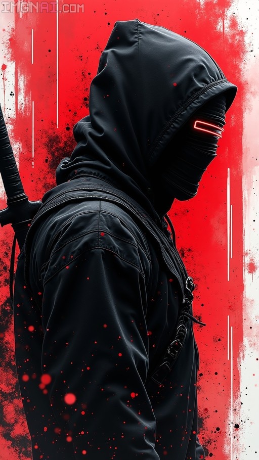 A side view of a masked cyber-ninja in a black hood with a glowing red eye strip standing against a red background with white lines.