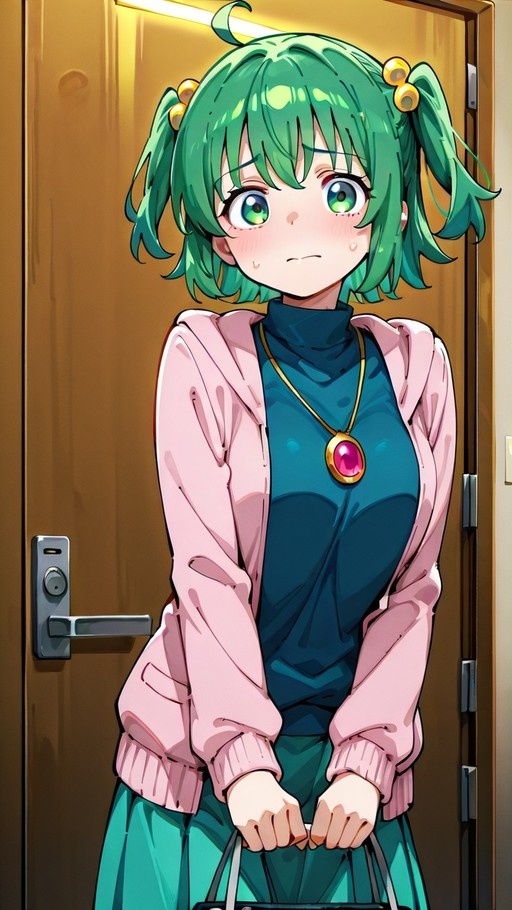 An anime-style illustration of a young woman with short green hair and twin tails, wearing a pink hoodie over a blue turtleneck and a large pink gem necklace, standing by a door holding a bag.