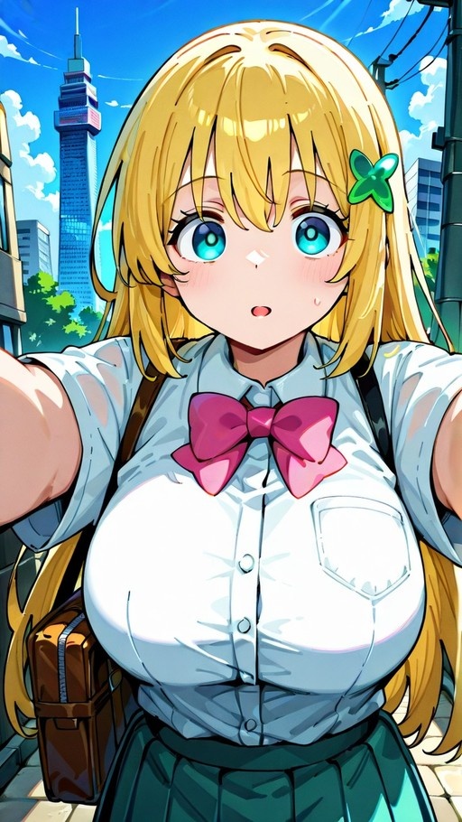 Blonde anime girl in school uniform taking a selfie with a city tower in the background