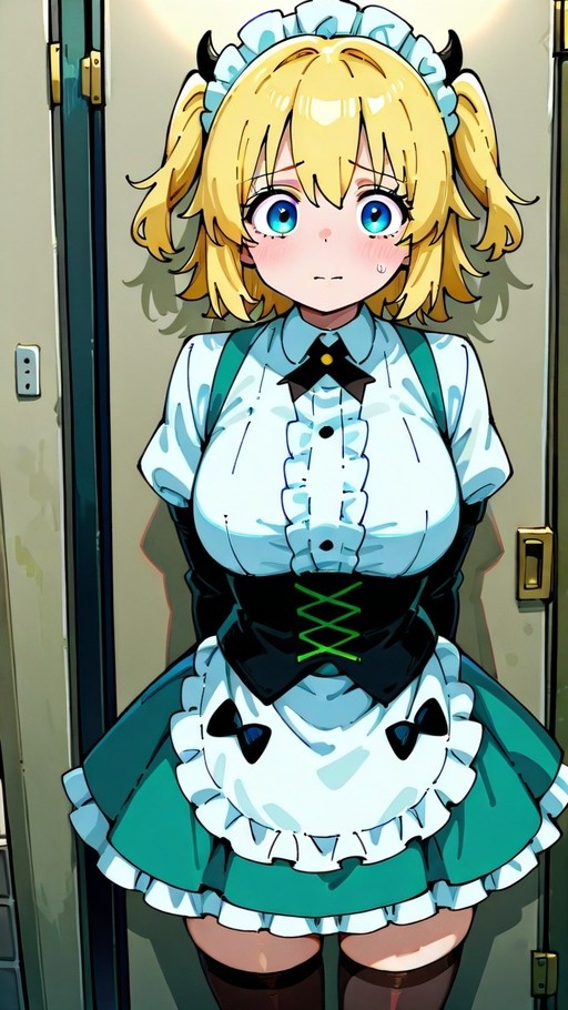 Blonde anime girl with small black horns wearing a green maid outfit with a white frilled apron, standing in a doorway.