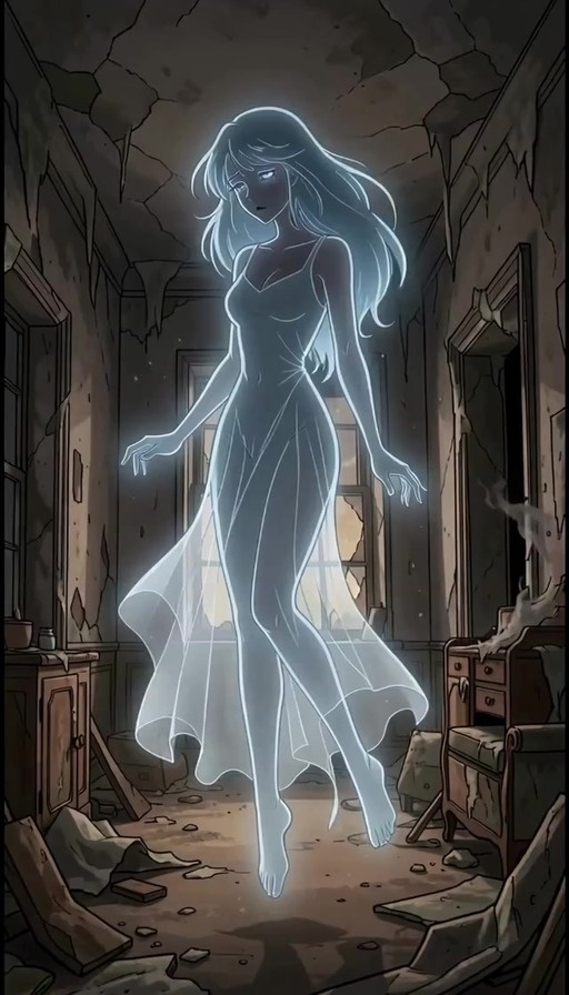 A full-body shot of a glowing, translucent female ghost with long hair and blue eyes floating barefoot in a ruined room with cracked walls and debris.