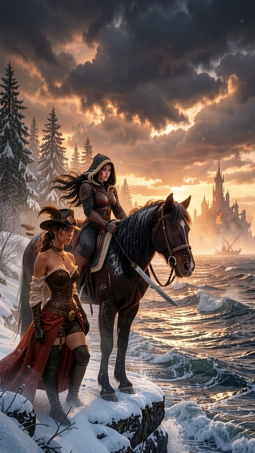 Two women in fantasy attire stand on a snow-covered cliff overlooking the ocean, one riding an armored horse with a distant castle visible at sunset.