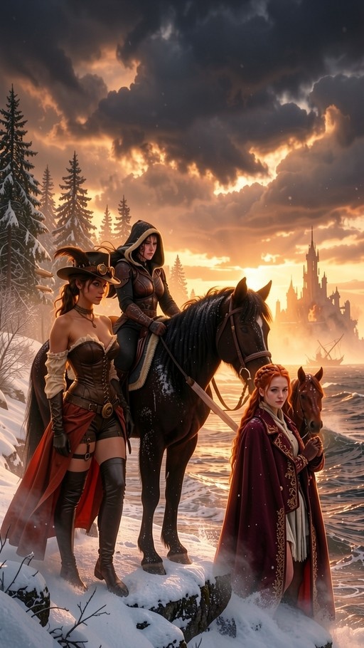 Three women in fantasy attire with two horses standing on a snowy cliff overlooking the ocean and a distant castle at sunset.