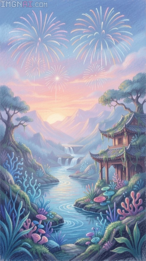 A vertical digital painting showing a fantasy landscape with fireworks in the sky, a river flowing through a valley, distant mountains, an East Asian pagoda on the right, and colorful blue and purple plants in the foreground.