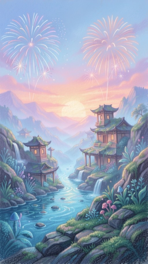 A digital painting of a tranquil East Asian mountain village at dusk, featuring traditional pagodas on cliffs overlooking a flowing river with small waterfalls, while vibrant fireworks illuminate the pastel sky above.