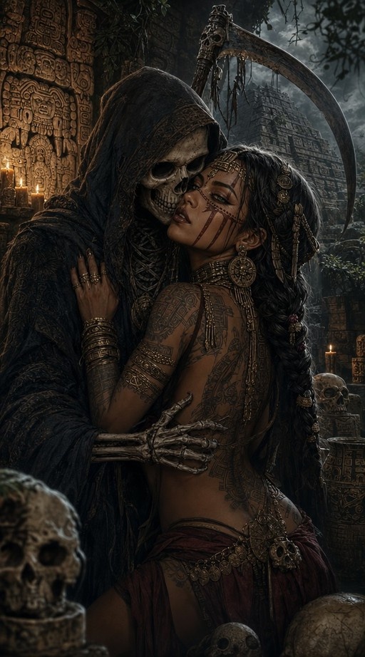 A skeletal figure in a dark cloak holding a scythe embraces a tattooed dark-skinned woman with long braided hair and gold jewelry amidst ancient ruins.