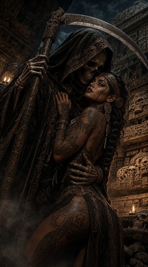 A hooded skeletal figure holding a large scythe embraces a dark-skinned woman with tribal tattoos and green eyes amidst ancient stone ruins decorated with skulls.