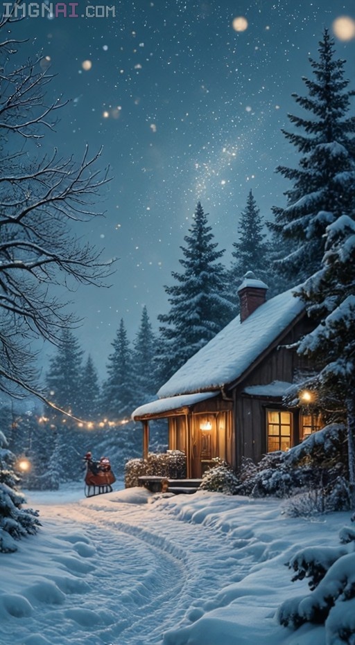 A snowy wooden cabin at night with warm lights, surrounded by pine trees and a starry sky, with a sleigh in the distance.