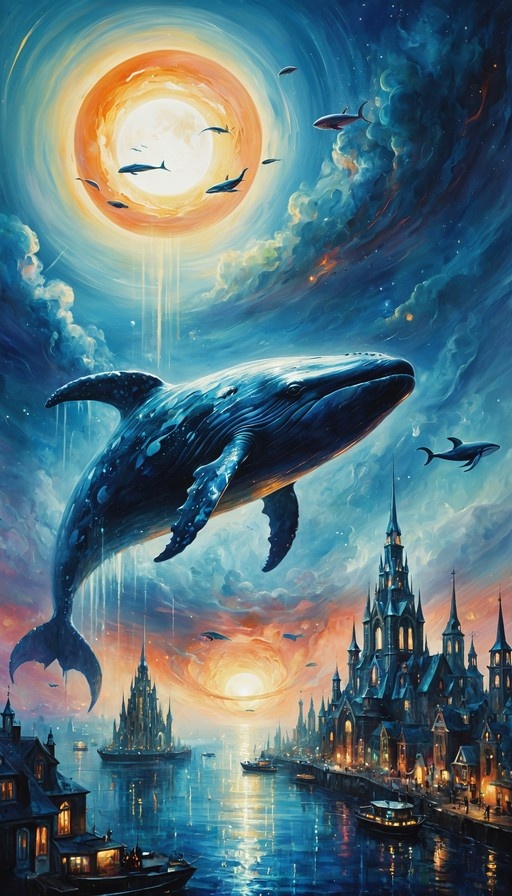 A giant blue whale swims through a vibrant, cloudy sky above a fantasy city with tall spires and a canal filled with boats. Smaller fish float near a glowing sun-like orb in the background.