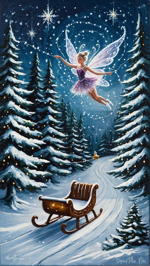 A fairy in a purple dress with translucent wings floats above a snowy forest path at night, surrounded by falling snow and stars, while an empty wooden sleigh rests on the ground below.