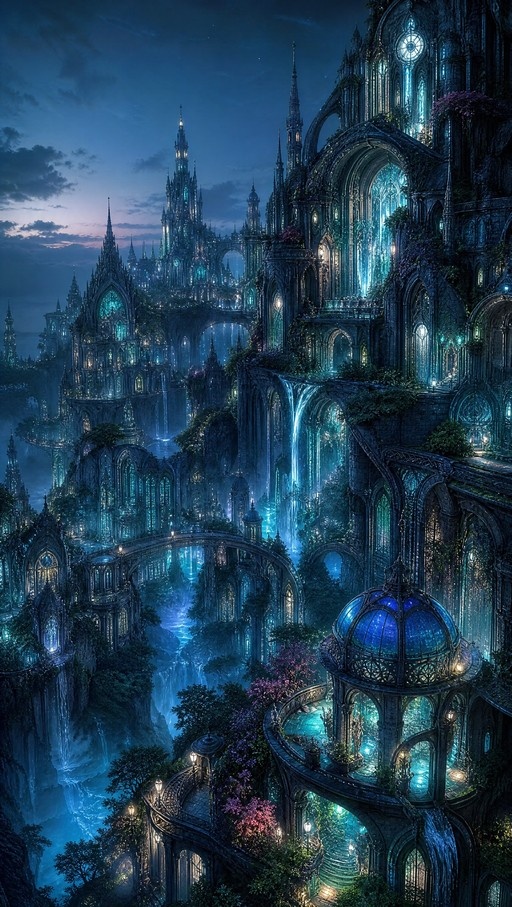 A sprawling dark fantasy metropolis built from ancient ruins, featuring glowing blue lights, cascading waterfalls, and overgrown vegetation under a twilight sky.
