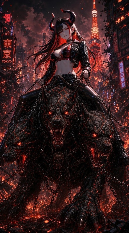 A horned woman with black and red hair rides a giant three-headed dark dog with glowing eyes through a fiery city at night, holding chains.