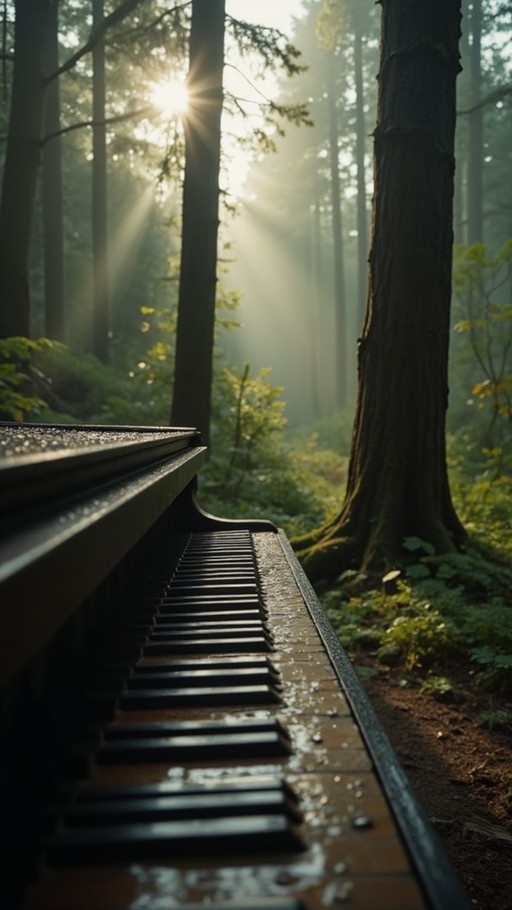 A grand piano with wet keys sits in a sunlit forest with tall trees and mist.