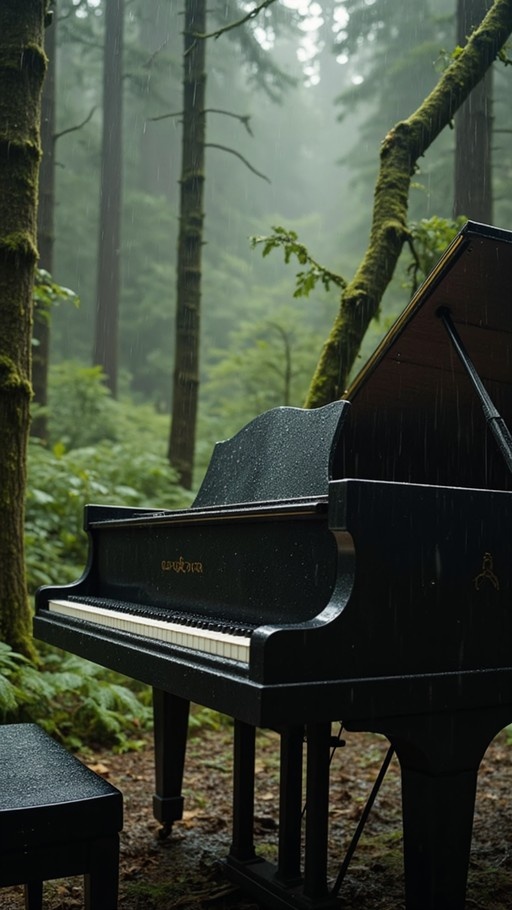 A black grand piano with its lid open sits in a rainy, mossy forest among tall trees.