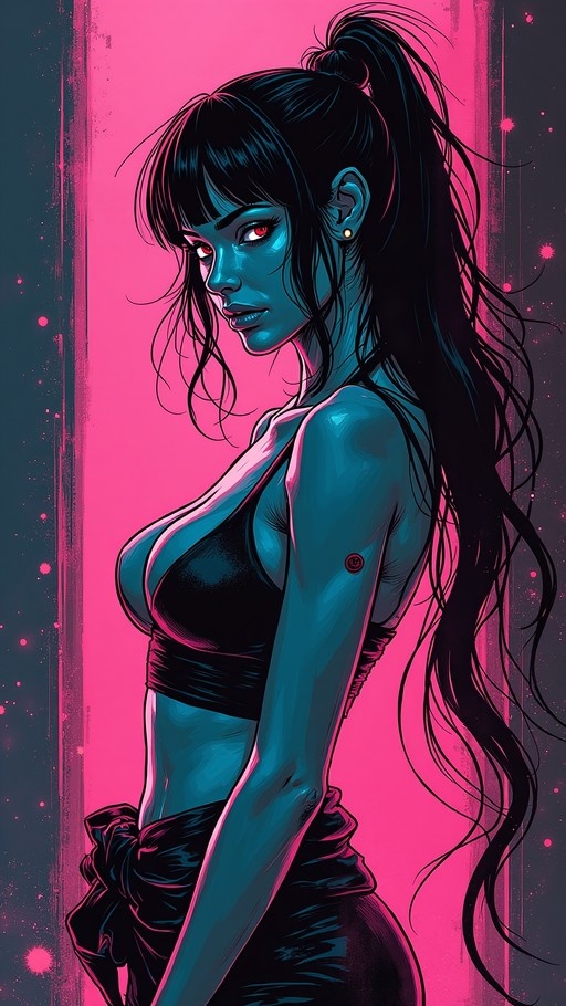 A stylized comic book illustration of Mystique with blue skin and red eyes looking over her shoulder against a pink background.