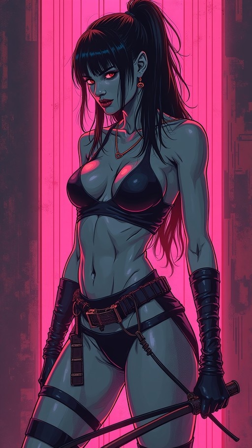 Blue-skinned woman with red eyes and black ponytail holding two swords in a black bikini outfit against a pink background.