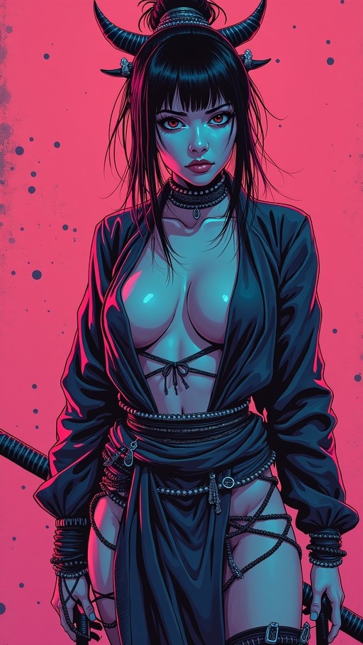 A digital illustration of a pale-skinned woman with long black hair and large curved black horns, wearing a revealing dark outfit against a vibrant pink background.