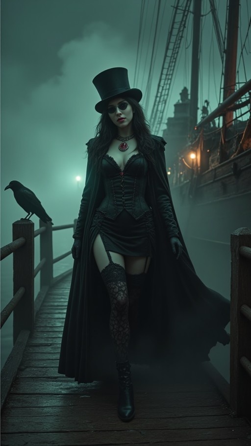 A woman in a black top hat and long coat walks on a wooden pier with a crow perched nearby and a ship in the background.