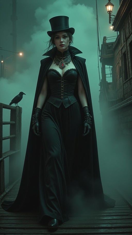 A gothic woman wearing a top hat and cape walks down a misty street with a crow on the railing.