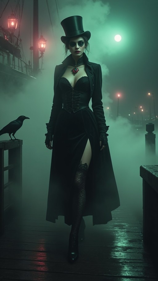 A woman wearing a black top hat and corset stands on a misty dock at night with a crow perched nearby under a green moon.