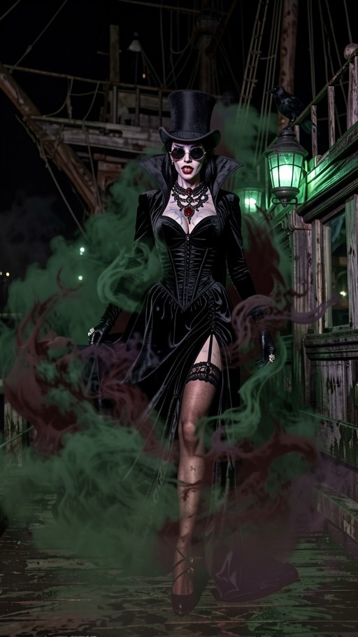 A pale woman in a black top hat and corset dress walks through green mist on a dock at night with a crow nearby.