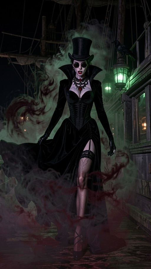A woman in a black top hat and long black dress walks on a wooden dock at night with green mist swirling around her while a crow perches nearby.