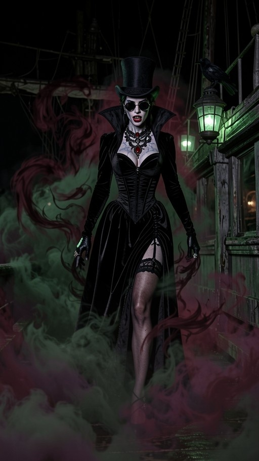 A woman with green hair and pale skin wearing a black top hat, sunglasses, and a long black velvet dress stands in the fog at night while a crow perches on a nearby lantern.