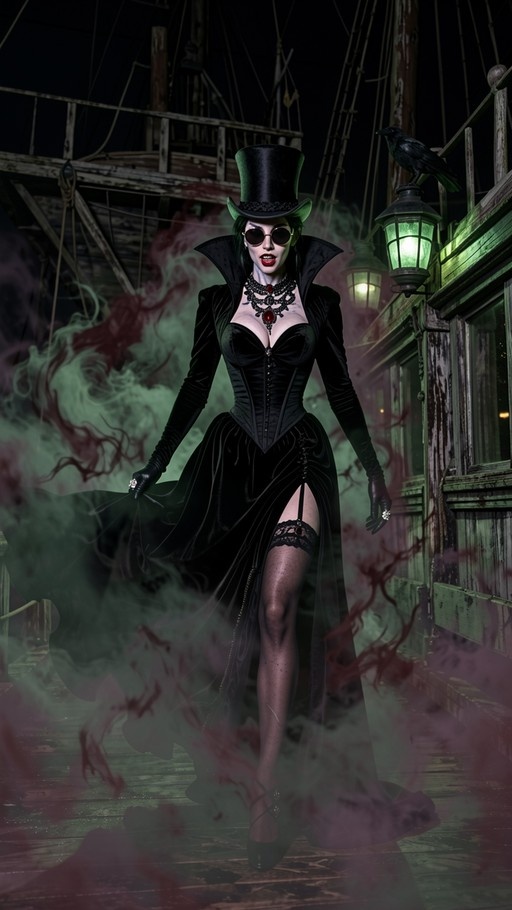 A pale woman in a black top hat and sunglasses walks on a misty wooden dock at night, with a crow perched on a green lantern nearby.