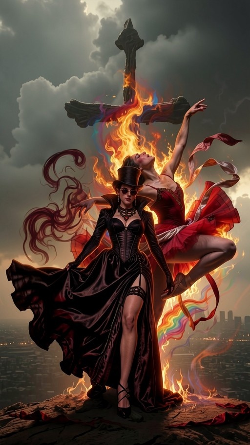 A woman in a black top hat and long dress stands next to another woman in a red dress who is floating amidst flames before a large burning cross overlooking a city.